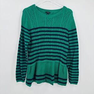 Talbots Size Large Navy Blue & Green Striped Peplum Cable Knit Sweater Top